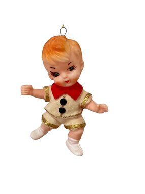 Boy Baby Christmas Ornament Flocked Outfit Expressive Eyes Pixie Kewpie Japan